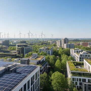 Modern city combining renewable energy infrastructure, green buildings and urban vegetation to represent the future of sustainable development.