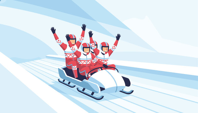 Bobsled team racing down an icy track while sitting in a white sled at high speed during a winter olympic style sporting event match.