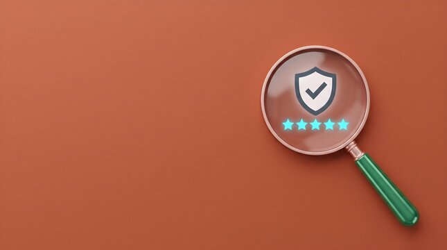 Magnifying glass viewing shield icon with glowing gold stars.