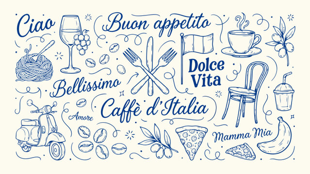 A hand drawn italian themed illustration features dining elements lettering and decorative floral accents italian cuisine italy sketch line art vector art food and drink