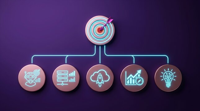 Business target diagram with neon technology icons purple.