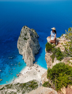 Stunning view from Myzithres cliffs overlooking crystal blue waters in Zakynthos Greece