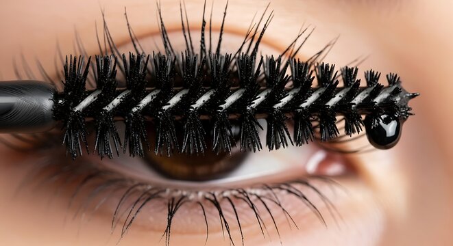 Close-up of a mascara wand applying black cosmetic makeup to long eyelashes for a dramatic beauty look