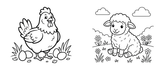 Obraz premium Coloring page set featuring a happy chicken standing near eggs and a fluffy sheep sitting in a grassy meadow with flowers and clouds above