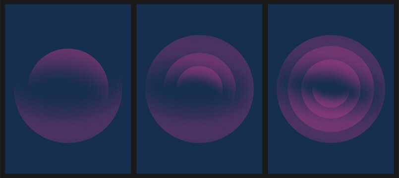 Abstract triptych set featuring glowing purple circles on a deep dark blue geometric background
