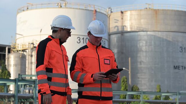 Industrial workers in red protective clothing review information on a tablet near storage tanks, representing plant inspection, maintenance, digital monitoring, safety, and teamwork.