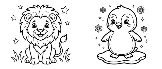 Fototapeta premium Coloring pages for kids featuring a friendly lion sitting in the grass with stars and a cute penguin standing on an ice floe with snowflakes