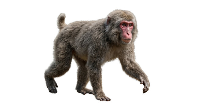 Japanese macaque with thick grey fur and a bright pink face walking on white background