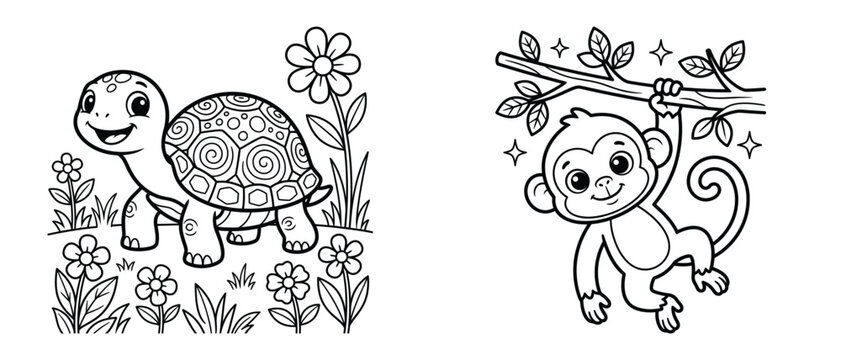 Two black and white coloring pages for children featuring a cute turtle walking among flowers and a happy monkey hanging from a tree branch
