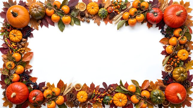 Autumn harvest border of pumpkins gourds and colorful fall leaves on white background