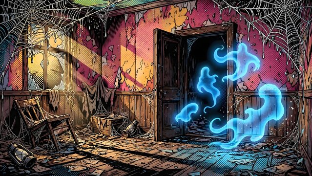 Pop Art Comic Haunted Room Interior Presentation Background with Intricate Spiderwebs Translucent Blue Floating Shapes Dark Wooden Doorway Halftone Dot Shading