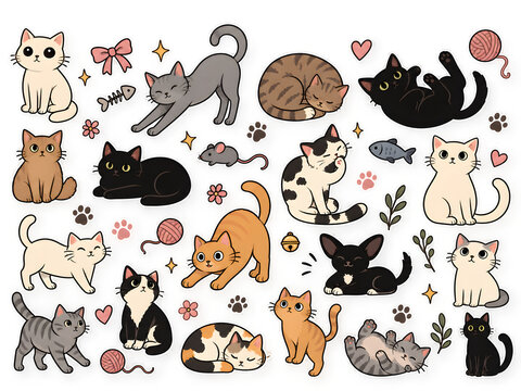 Cute cats vector illustration collection with various feline breeds, poses, and playful elements