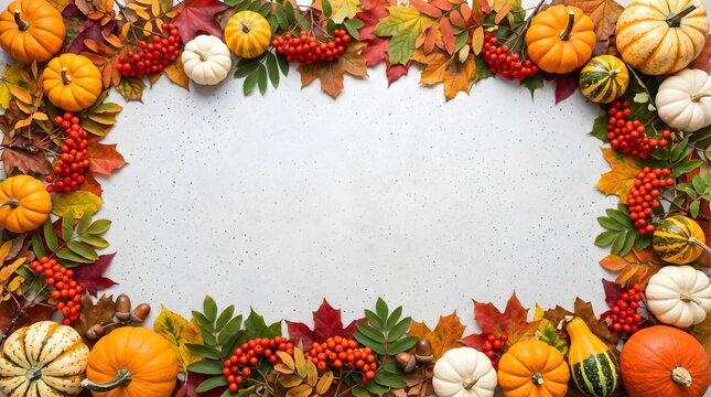 Autumn harvest border of pumpkins gourds leaves and berries with blank space