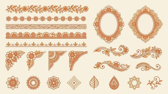 Moroccan Wedding Henna Floral Decorative Vector Elements Set