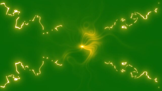 Flash FX animation with powerful lightning strikes, thunder energy bursts, Powerful lightning striking on green background, thunder lightning striking effect animation, cartoon explosion overlay.4k