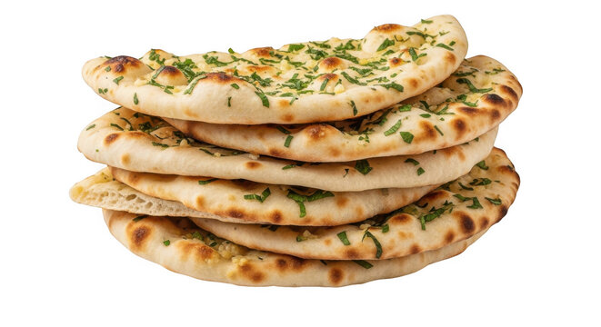 Stack of fresh garlic naan bread isolated on transparent background