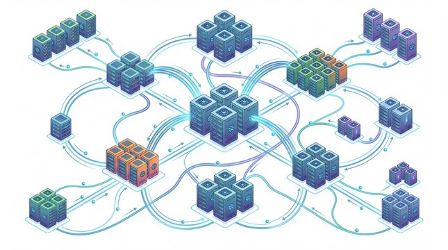 Isometric server rack network infrastructure interconnected with glowing digital data cables illustrated on white background