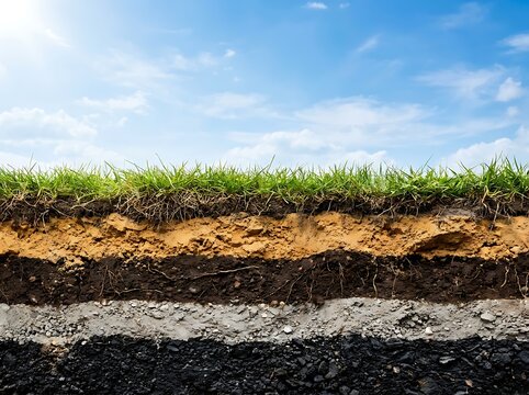 Cross-section of soil layers with grass on top, showcasing earth structure and natural stratigraphy for geological and environmental studies.