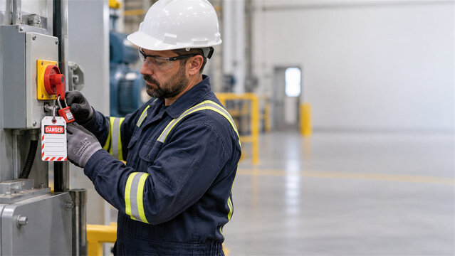 Maintenance worker applying a personal lock and danger tag to industrial machinery during service showing lockout tagout energy isolation safe maintenance and workplace hazard control