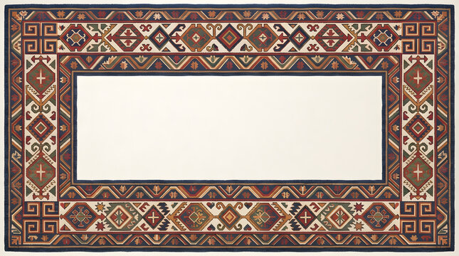 Vintage folk art border frame with intricate geometric patterns and ethnic motifs on a white background