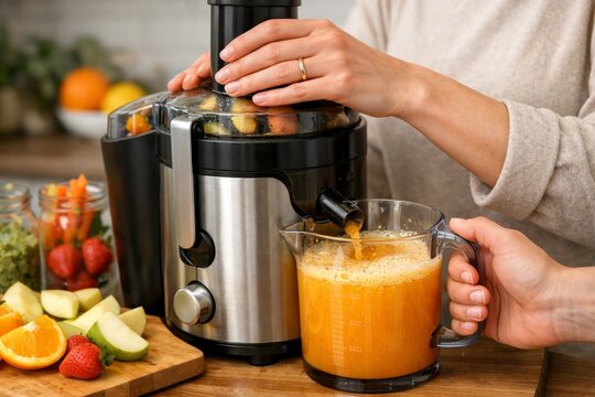 Fresh orange juice being made with a home juicer poured into a pitcher for healthy recipe banner and breakfast design