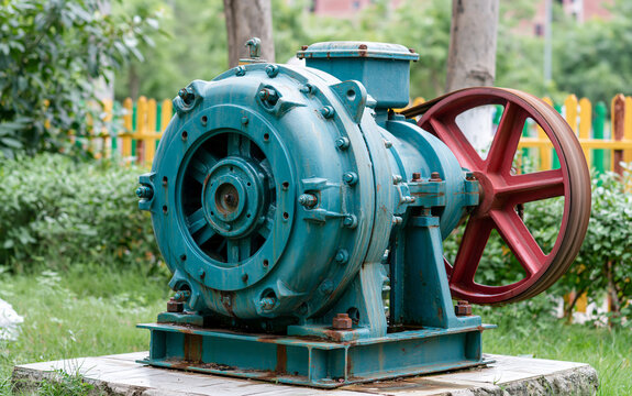 Big dynamo motor machine set working with belt over green garden outdoor background part of crude oil lifting pump - moving mechanical part of machine industrial concept