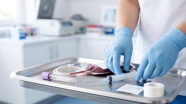 premium healthcare concept combining blood donation, blood analysis and vaccination in one sophisticated composition, foreground with blood collection tube, blood donation equipment, vaccine syringe