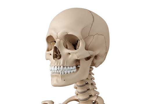 Human skull with cervical vertebrae is digitally rendered on transparent background cranium