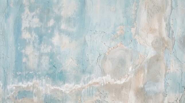 A weathered wall surface with peeling light blue paint revealing rough plaster and concrete textures, creating a rustic and aged appearance