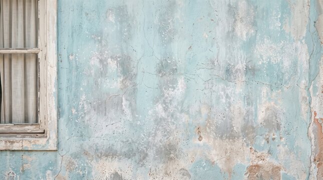 A weathered wall with peeling light blue paint and a window with white curtains, showing rough plaster and concrete textures in a room