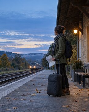 Mindful autumn rail travel with paper map
