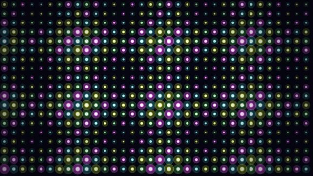 Glowing dots of various colors create a vibrant abstract grid pattern on a dark background.