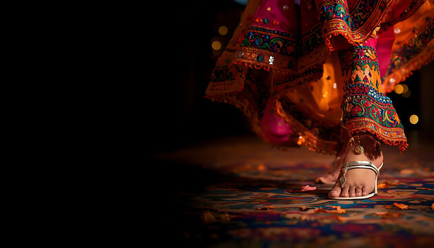 Close up of a dancer wearing traditional ghagra skirt and anklets during a festive dance