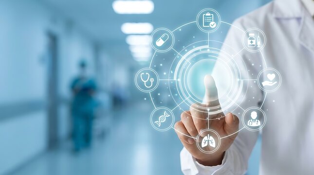 A male doctor in a white lab coat touching a futuristic glowing blue medical interface panel with icons in a blurred hospital hallway background.