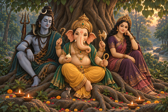 Peaceful ganesha with mahadev and durga beneath ancient tree surrounded by lamps for ganesh chaturthi maha shivratri and durga puja worship artwork