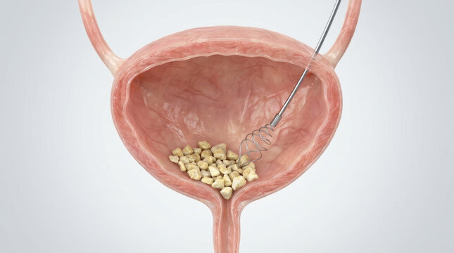Bladder after stone removal showing urinary stone fragments and medical basket during minimally invasive urology treatment with visible tissue detail and clinical anatomy
