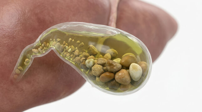 Gallbladder filled with gallstones showing varied stone size, color, and texture inside transparent anatomical model, illustrating digestive health, blockage, and medical diagnosis