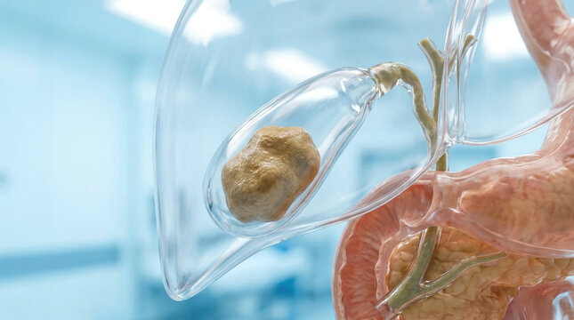 Gallstone inside gallbladder, digestive anatomy, medical illustration showing stone within transparent gallbladder beside liver and intestine, with clinical blue background and detailed organ