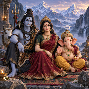 Devotional mountain portrait showing ganesha with mahadev and durga beside nandi for ganesh chaturthi maha shivratri and durga puja sacred celebration artwork
