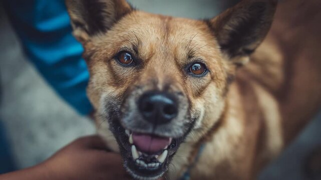 A happy brown dog with a friendly expression. The dog has short fur and a playful demeanor, showcasing its joyful personality.