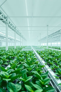 A vast indoor hydroponic farm with rows of vibrant green plants under artificial lighting, showcasing modern agricultural technology.