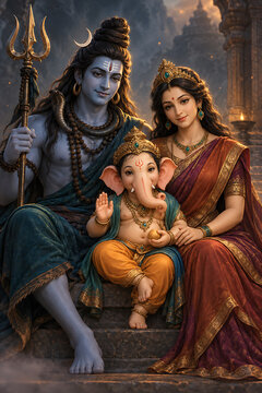 Intimate sacred portrait of ganesha with mahadev and durga on temple steps for ganesh chaturthi maha shivratri and durga puja spiritual devotion