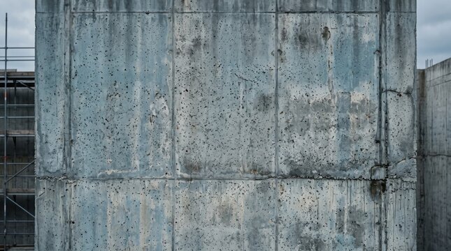 Large gray concrete wall section with visible formwork lines, construction scaffolding on the side, and a cloudy sky in the background setting
