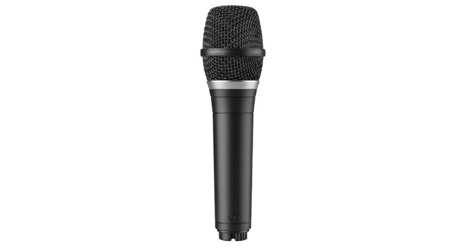 Black handheld audio microphone isolated on transparent background