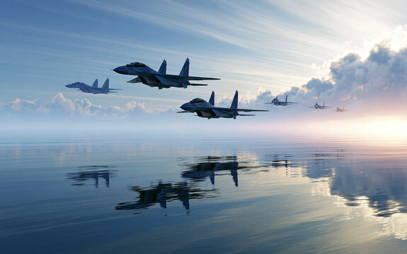 Majestic aerial display: Formation of fighter jets flying over a tranquil ocean scape
