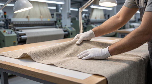 Worker in white gloves inspecting linen fabric roll on cutting table in textile factory mockup