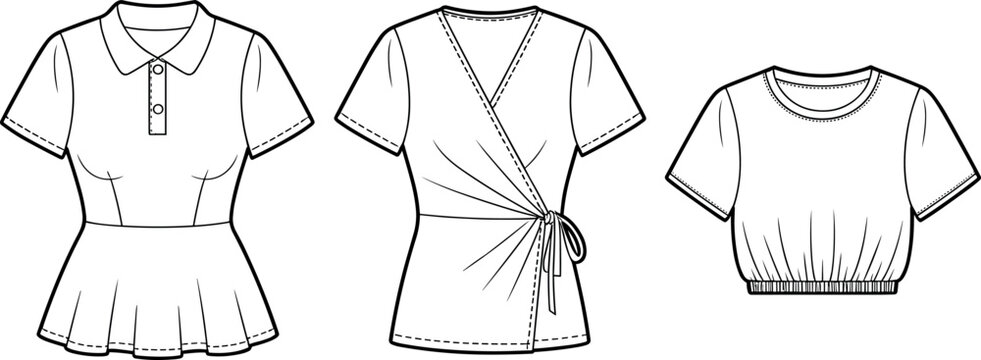 Set of women fashion tops technical flat sketch vector illustration template including polo peplum wrap blouse and cropped tee shirt