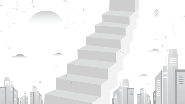 Abstract staircase leading up above a modern city skyline, door of success, vector illustration. Career growth, business achievement, opportunity, leadership, and corporate development