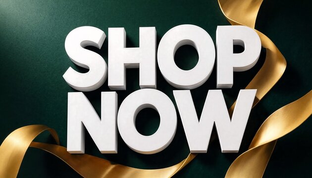 Shop now text in white 3D letters on a deep green background adorned with elegant gold ribbons call to action e commerce gold ribbon 3D typography web design e-commerce 3D typography marketing