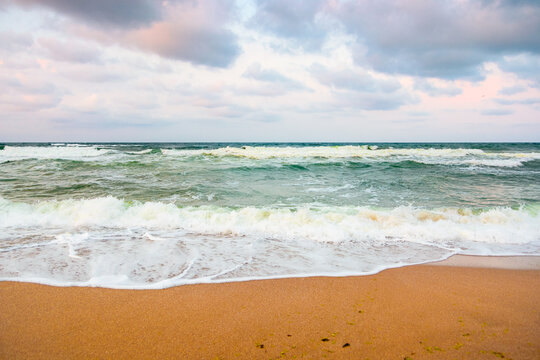 golden cloudy evening above the green sea waters. waves crashing the sandy beach. clear horizon. changing windy weather. dramatic sky